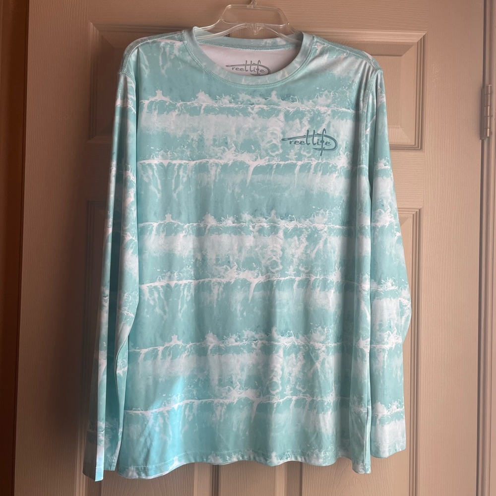 Men’s Reel Life Mint Green and White Sun Defender Long Sleeve Shirt, Size Large‎